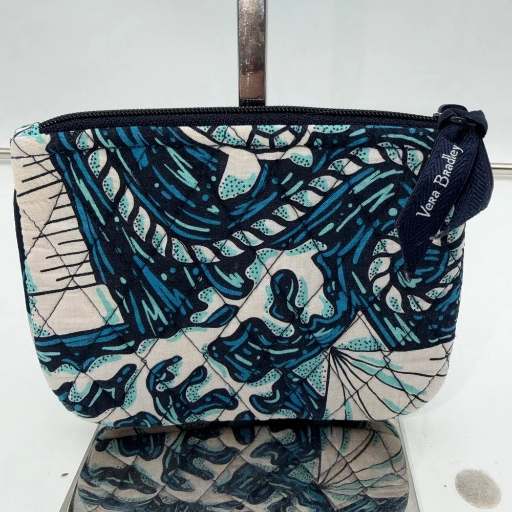 Vera Bradley Art Poppies Quilted Cotton Small Cosmetic Makeup Bag Blue White